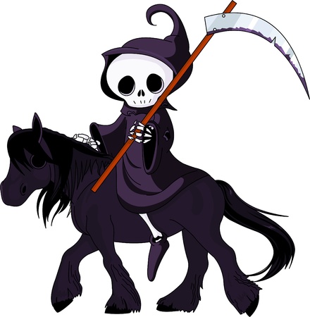Cute cartoon grim reaper with scythe  riding black horseのイラスト素材