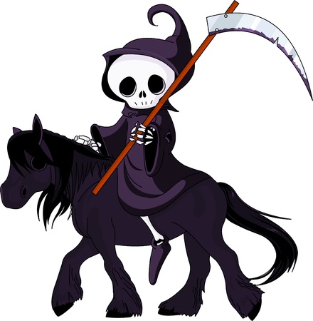 Cute cartoon grim reaper with scythe  riding black horse