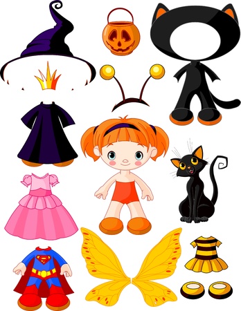 paper doll with three dresses for halloween partyのイラスト素材