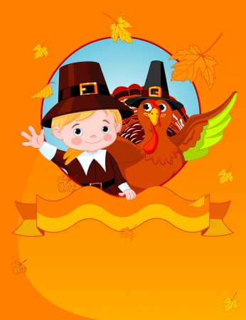 Happy Thanksgiving. Pilgrim and turkey  congratulates.のイラスト素材