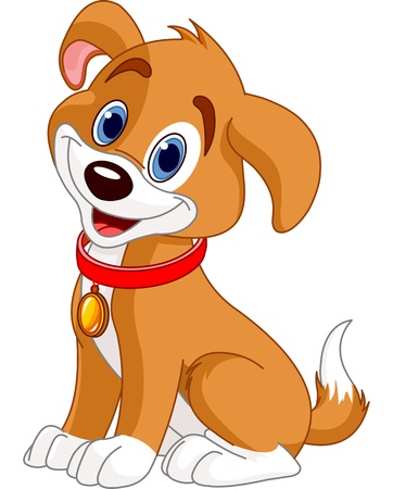 Illustration of cute puppy, wearing a red collar with gold tag