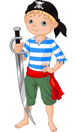 Illustration  of cute pirate boy holding swordのイラスト素材