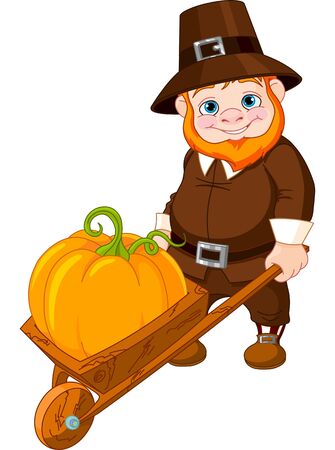 Illustration of cute Cute pilgrim with wheelbarrowのイラスト素材