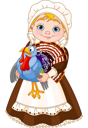 
Illustration of cute Pilgrim lady with  turkeyのイラスト素材