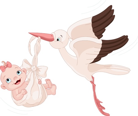 Cute stork carrying a baby girlのイラスト素材