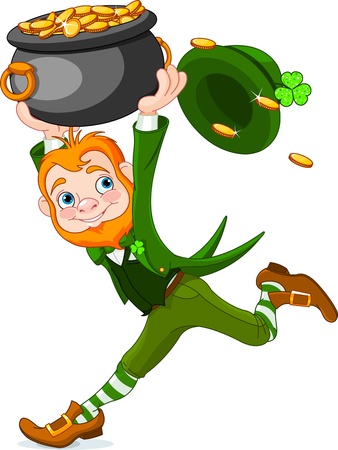 Cute  cartoon Leprechaun running with pot of gold  のイラスト素材