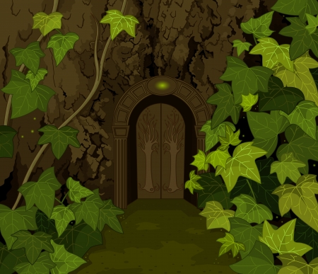The tree trunk with gates to the Magic Elves Castle のイラスト素材