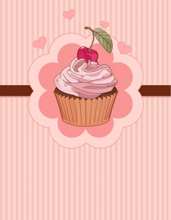 Beautiful cupcake with cherry on the top,  place cardのイラスト素材
