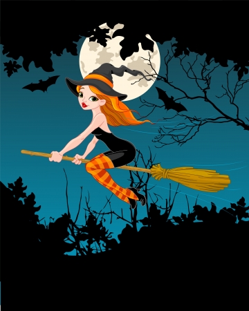 Halloween Witch flying on broom bannerのイラスト素材