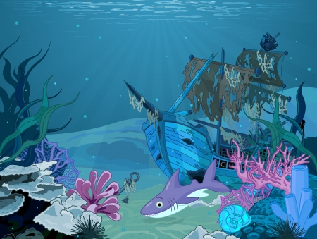 Underwater scene with old pirate shipのイラスト素材