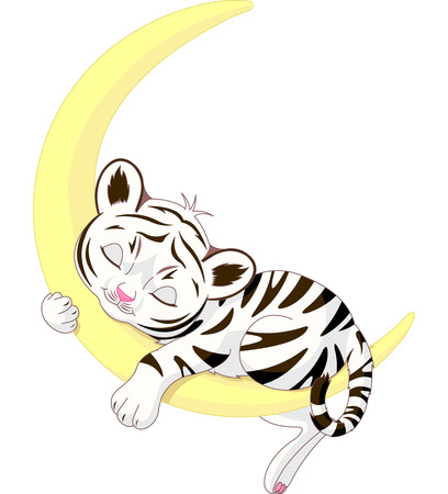 

A cute character of  white tiger cub sleeping on the moon.のイラスト素材