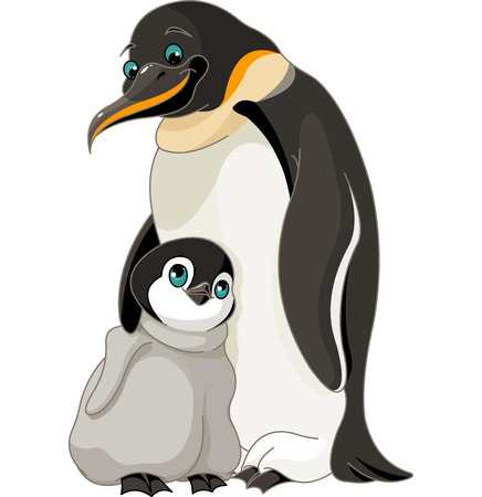 An adult Emperor Penguin with its chickのイラスト素材