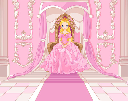 Charming Princess sits on a throne in the pink hallのイラスト素材