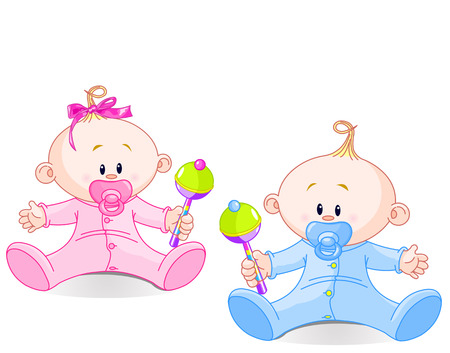 Twin Baby Boy And Girl  playing with rattlesのイラスト素材