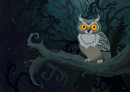 Owl sitting upon a tree branch in the ninthly backgroundのイラスト素材