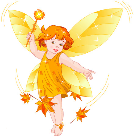 Autumn baby fairy surrounded by maple leafs conjuresのイラスト素材