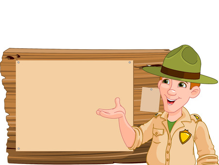 Illustration of a forest ranger or park ranger pointing at a wooden signのイラスト素材