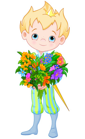 Illustration of Cute Little Prince Holds bouquet of flowersのイラスト素材