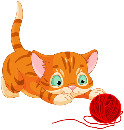 Illustration of cute kitten playing with woolのイラスト素材