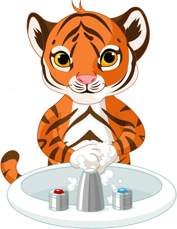 Illustration of little tiger washing handsのイラスト素材