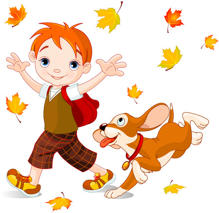 Cute boy with dog walks to school at autumn dayの写真素材