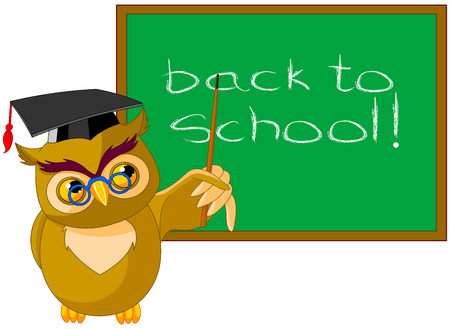 Illustration of a wise owl and chalkboardのイラスト素材