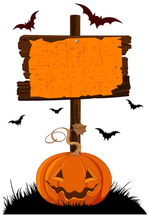 Illustration of Halloween wooden sign and pumpkinのイラスト素材