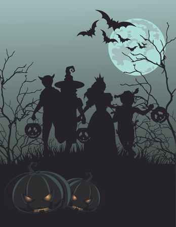 Halloween background with silhouettes of children trick or treatingのイラスト素材
