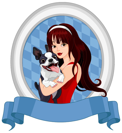 Illustration of girl holds Boston Terrier dogのイラスト素材