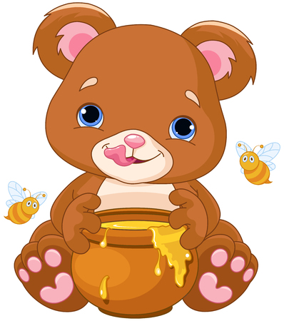 Illustration of cute bear preparing to eat honeyのイラスト素材