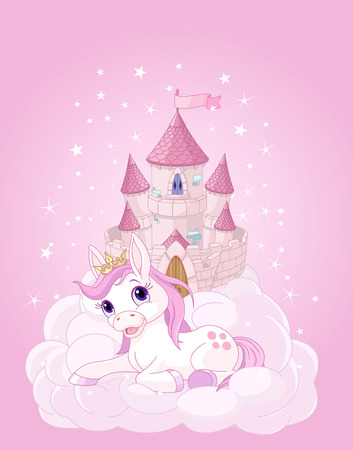 Illustration of the pink fairy castle and unicornのイラスト素材
