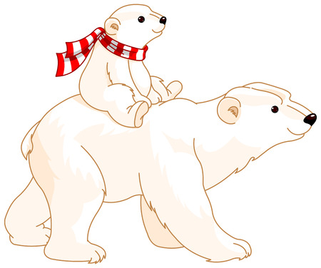 Polar Bear mom and baby riding on her backのイラスト素材