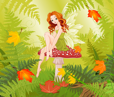 Illustration of cute fairy sits on fly agaricのイラスト素材