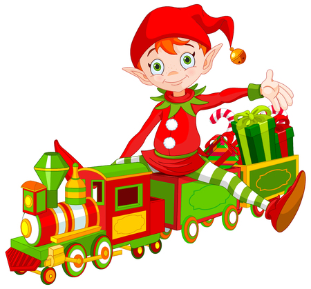 Illustration of cute Christmas elf sits on toy trainのイラスト素材