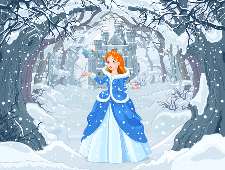 Illustration pour Illustration of princess with bird close to Magic Winter Castle - image libre de droit