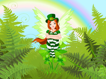 Illustration of charming St. Patrick's fairy sitting on cloverのイラスト素材