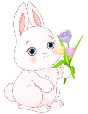 A cute Easter bunny holds crocus flowersのイラスト素材
