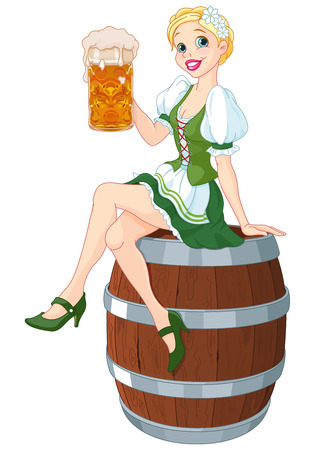 German girl sits on the keg and holds mugのイラスト素材