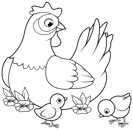 Coloring page of mother hen with its baby chicksのイラスト素材