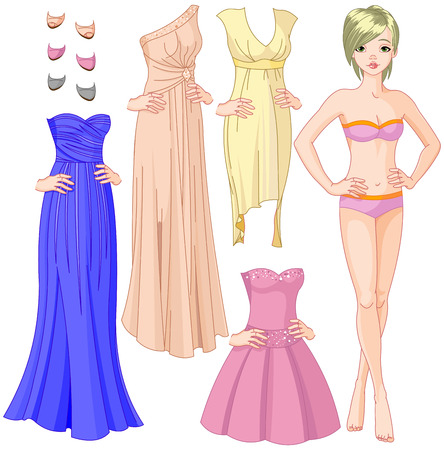 Collection of paper doll with different evening dressesのイラスト素材
