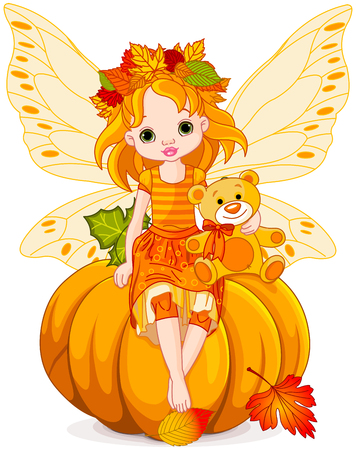 Little fairy sitting on pumpkinのイラスト素材