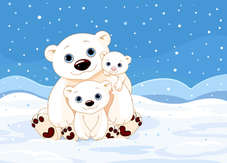 Illustration of a Polar Bear Family on winter backgroundのイラスト素材