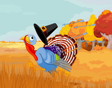 Cartoon turkey escapes from the arrows and loses his hatのイラスト素材