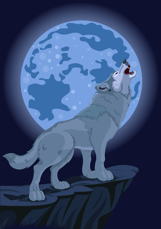 Illustration of howling wolf that stands on cliffのイラスト素材
