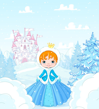 Cute little princess in the snow, standing in front of a magic castleのイラスト素材