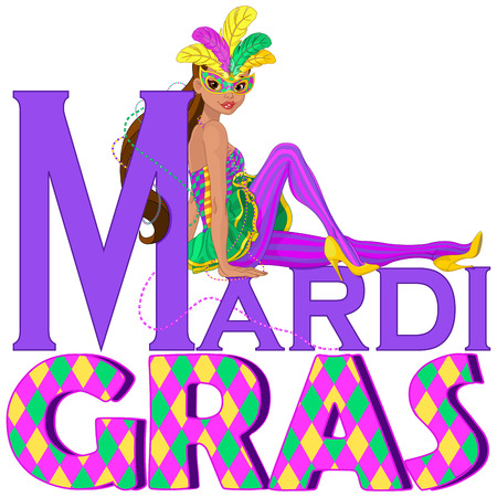 Beautiful girl sitting on Mardi Gras titleのイラスト素材