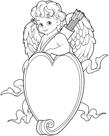 Coloring page of baby Cupid over a heart shape signのイラスト素材
