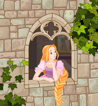 Illustration of beautiful girl dressed up like Rapunzel looks out the windowのイラスト素材