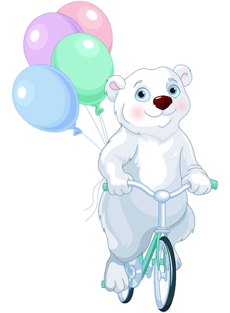 Cute polar bear riding a bicycle with balloonsのイラスト素材