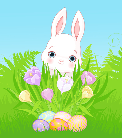 Cute Easter bunny looking for eggs between blossom flowersのイラスト素材